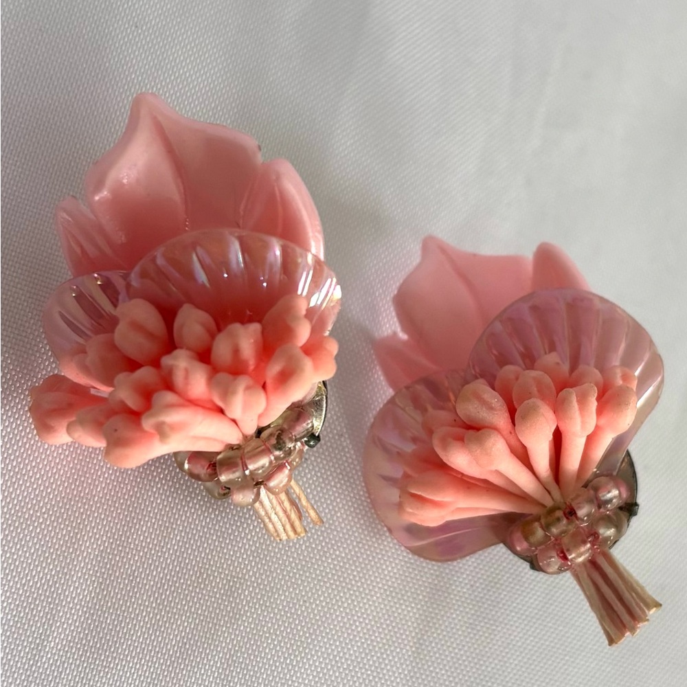 40's Vintage Screw Back Pink Flower Earrings West Germany Celluloid Leaves  EUC